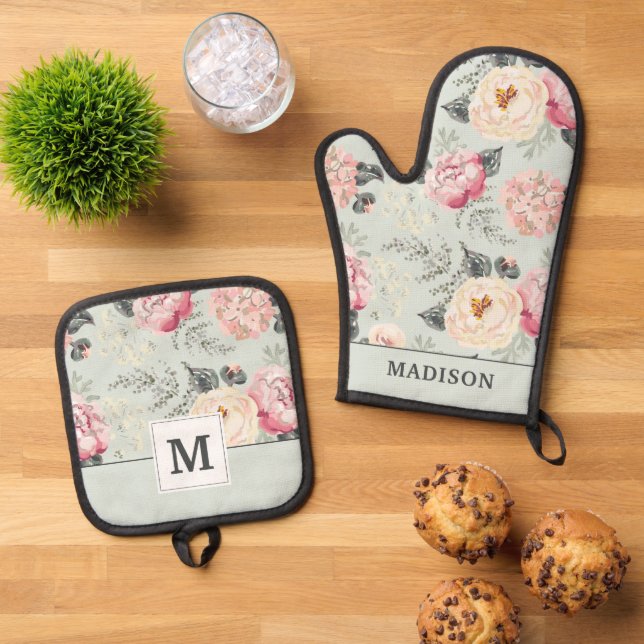 Rosengarten-Blume Ofenhandschuh & Topflappen-Set (Oben Unten)