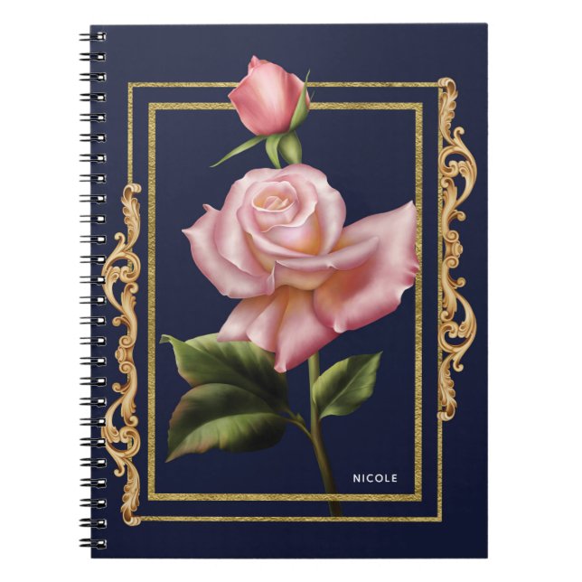 Rosengarten Navy Blue & Gold Modernes Rustikales G Notizblock (Vorderseite)