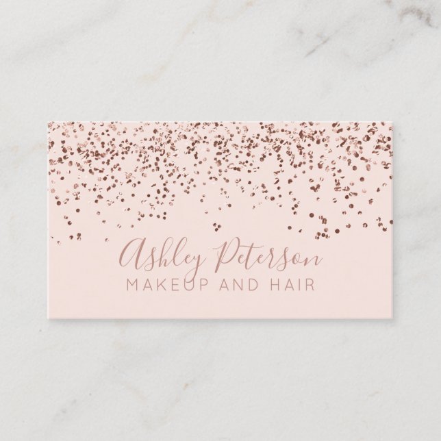 Rosengoldconfetti erröten Haarmake-uptypographie Visitenkarte (Vorderseite)