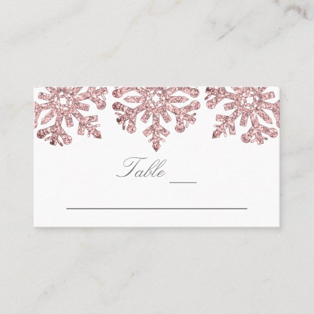 Rosengoldene Schneeflocken Winterhochzeit Platzkarte (Vorderseite)