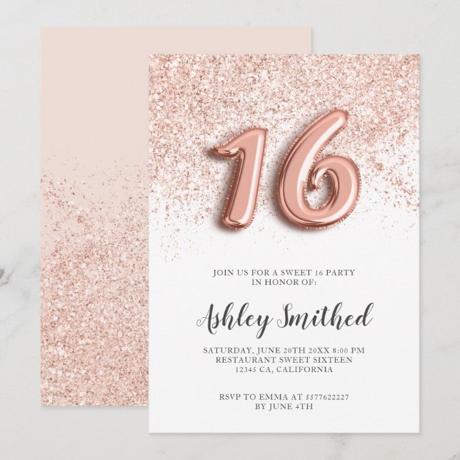 RosengoldGlitter beschriftet rosa bezaubernden Einladung (Vorne/Hinten)