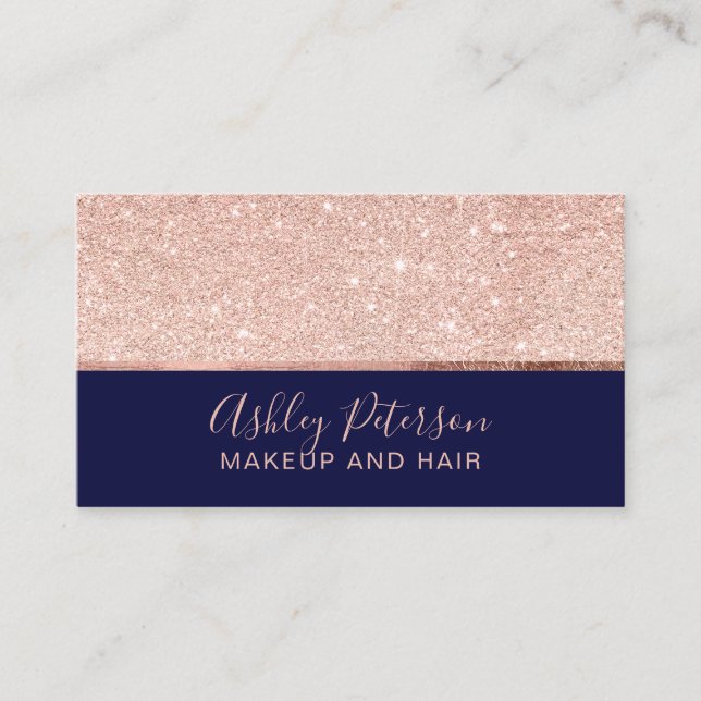RosengoldGlitter-Marineblau-Haarmake-uptypographie Visitenkarte (Vorderseite)