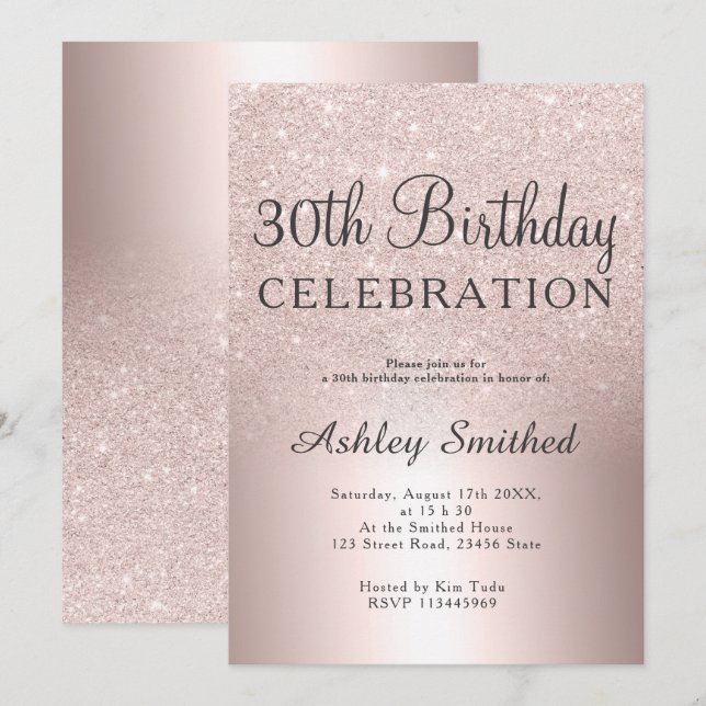 RosengoldGlitter ombre metallischer 30. Geburtstag Einladung (Vorne/Hinten)