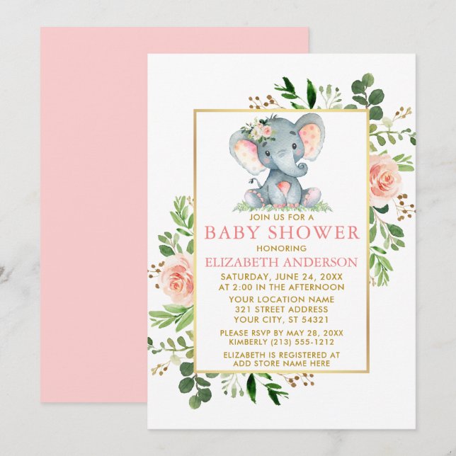 Rosengrün Elephant Baby Dusche Gold Einladung (Vorne/Hinten)