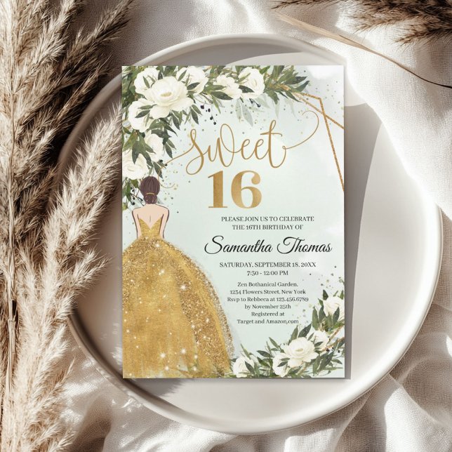 Rosengrün, goldfarbenes Kleid Einladung (Gold dress white roses greenery olive foliage invitation)