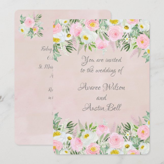 Rosenhochzeit in Rosa und Weiß Einladung (Vorne/Hinten)
