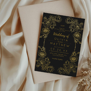 Rosenhochzeit Schwarz Gold Klassische Florale Hoch Folieneinladung
