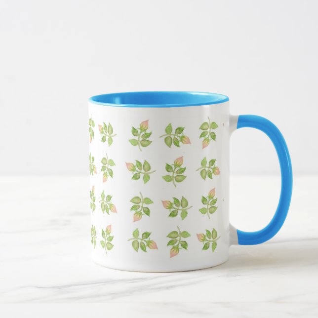Rosenknospe Mini-Print Pink Blue White Ringer Tass Tasse (Rechts)
