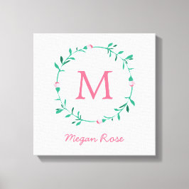 Rosenknospe Wreath Pink & Green Name Kinderzimmer  Leinwanddruck