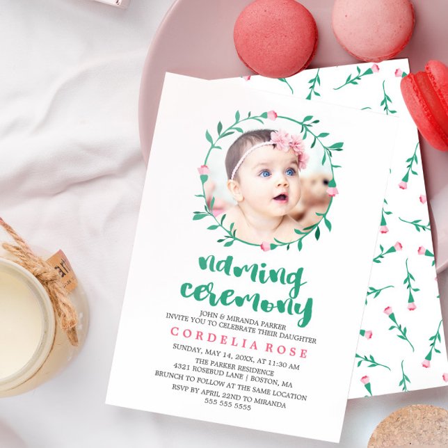 Rosenknospe Wreath | Rosa und grüne Namensverleihu Einladung (Von Creator hochgeladen)
