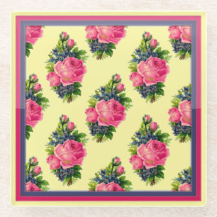 Rosenmuster Rosa Blau und Buttergelb Vintage Glasuntersetzer