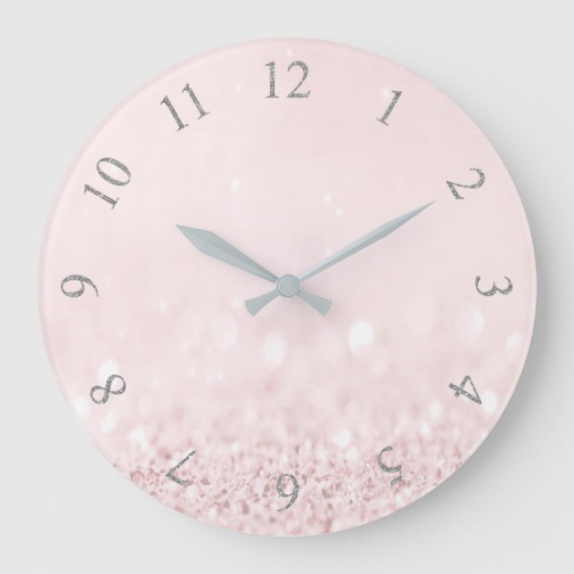 Rosenpastellpulver Glitzer Arabische Zahlen Große Wanduhr (Vorderseite)