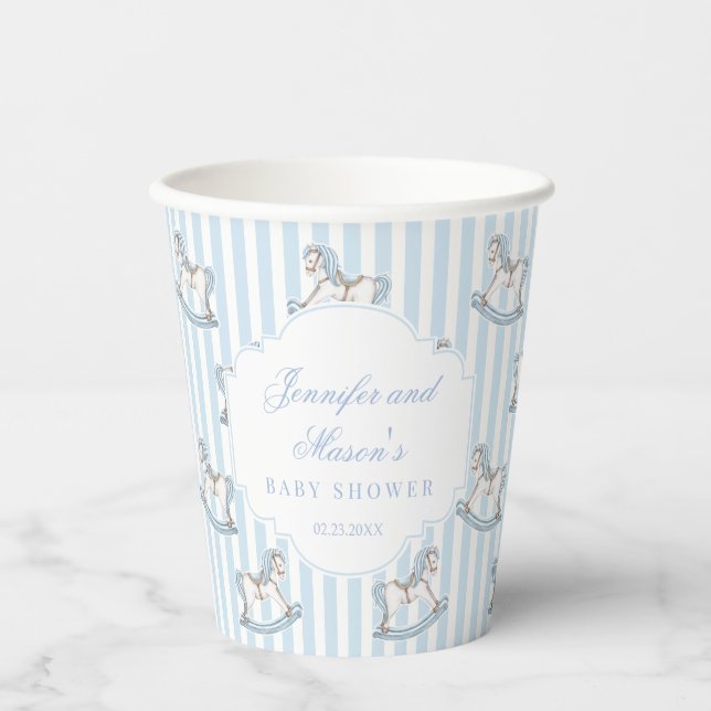 Rosenpferd aus blauem Holz, Babydusche Pappbecher (Vorderseite)