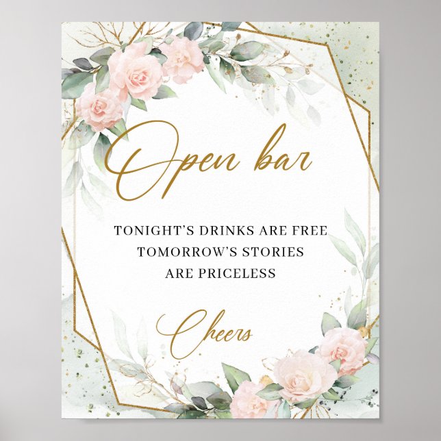 Rosenrosa Rosengrün, goldener Rahmen, offen Bar Poster (Vorne)