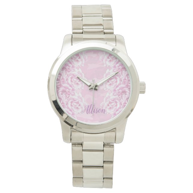 Rosenrosen auf rosa Tarnung Armbanduhr (Vorderseite)