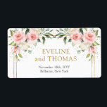Rosenrosen, elegant, goldfarben Hochzeitslabel<br><div class="desc">Stellen Sie sich ein ruhiges Ambiente mit eleganten Rosen in Rosa, die mit zarten Eukalyptus-Blätter verwoben sind und alle mit einer Touch von Eleganz aus einem schimmernden Goldlabel verbunden sind. Diese charmante Kombination strahlt ein Gefühl von friedlicher Eleganz aus, perfekt, um jeden Raum oder Anlass zu erheben. Die sanften Farbtöne...</div>