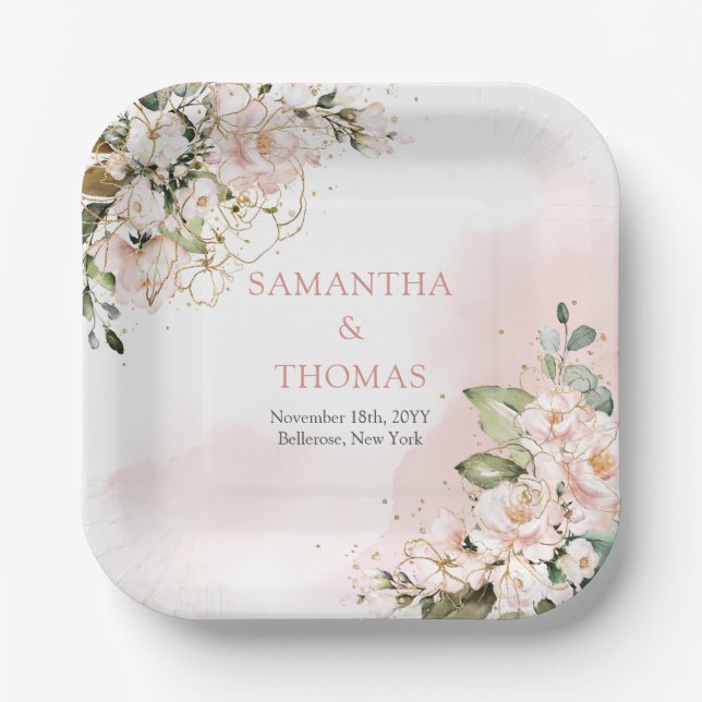 Rosenrosen Eukalyptus-Grüngold Pappteller (Vorderseite)