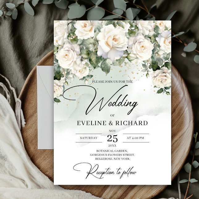 Rosenrosen, Eukalyptusgrün und Gold Einladung (Unique Elegant White Roses Floral Garden greenery wedding invitation digital)