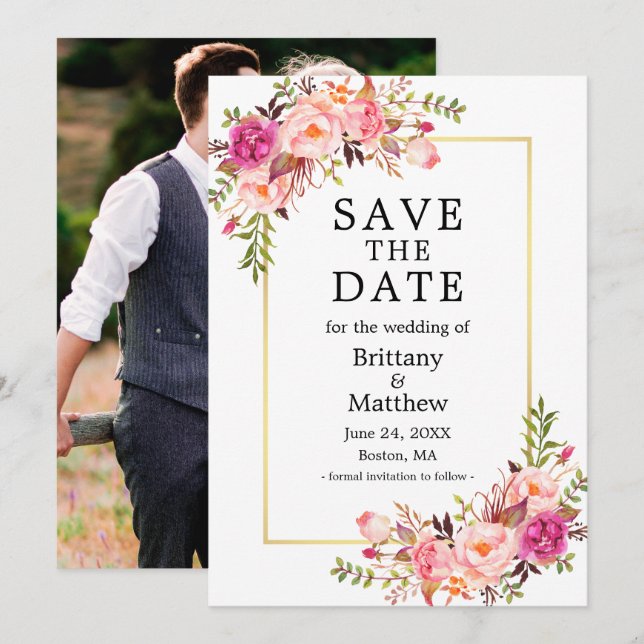 Rosenrosen-Foto Aquarellfarbe Save the Date Gold (Vorne/Hinten)