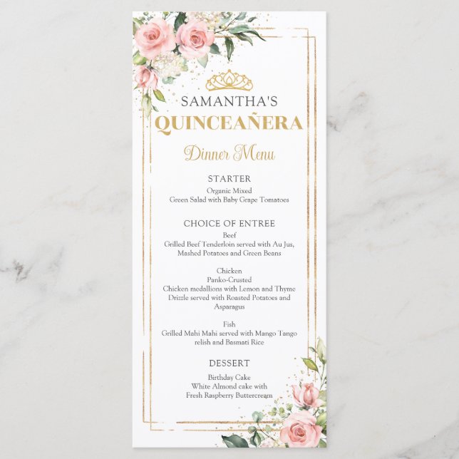 Rosenrosen Goldmedaille Quinceanera Menükarte (Vorderseite)