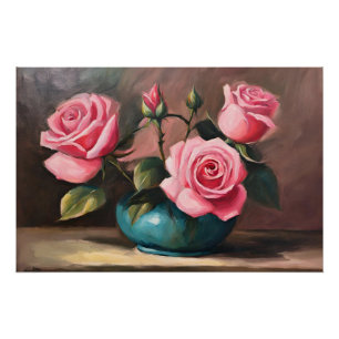 Rosenrosen in blauer Vase Stillleben Illustration Poster