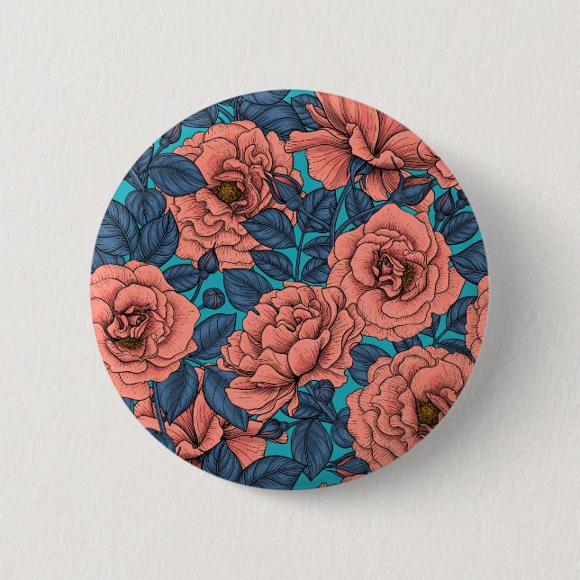 Rosenrosen mit blauen Blätter auf blau Button (Vorderseite)