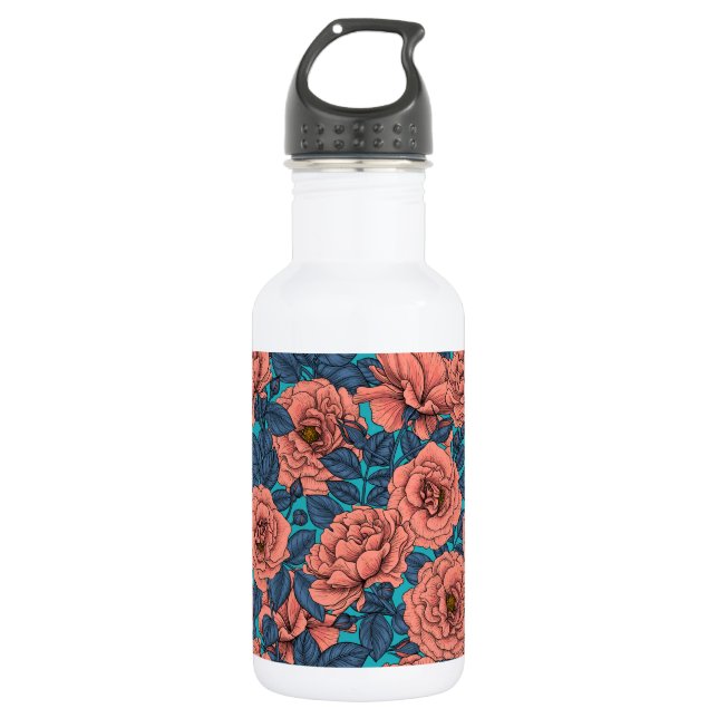 Rosenrosen mit blauen Blätter auf blau Edelstahlflasche (Vorderseite)