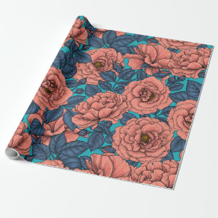 Rosenrosen mit blauen Blätter auf blau Geschenkpapier