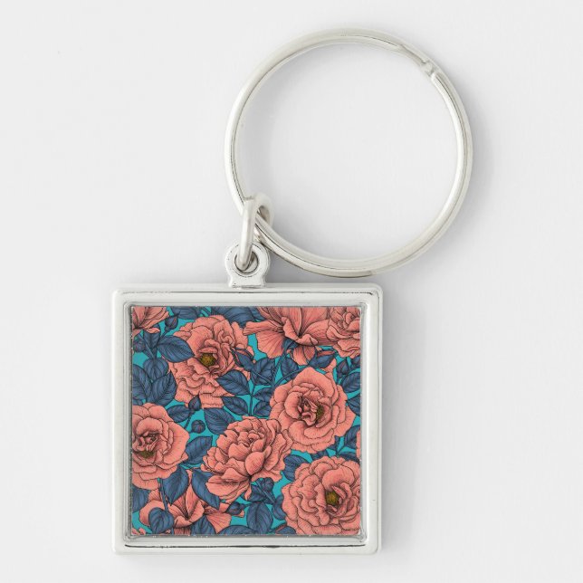 Rosenrosen mit blauen Blätter auf blau Schlüsselanhänger (Vorne)