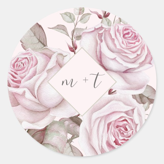 Rosenrosen mit Monogramm Hochzeit Runder Aufkleber (Vorderseite)