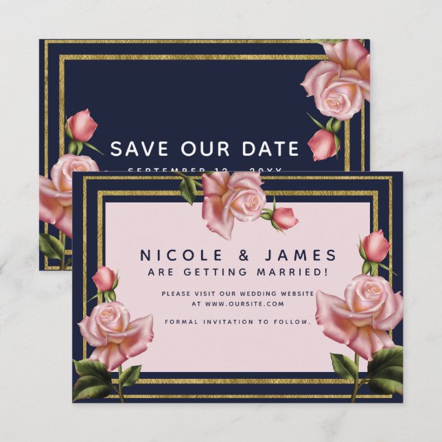 Rosenrosen Navy Blue & Gold Modern Save the Date Einladung (Vorne/Hinten)