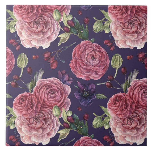 Rosenrosen Romantik auf Lila Muster Fliese (Vorderseite)