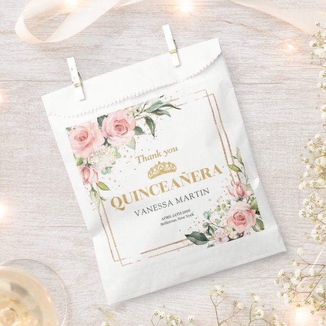 Rosenrosen, rosa Rose, goldfarben, boho quinceaner Geschenktütchen (Ausgeschnitten)