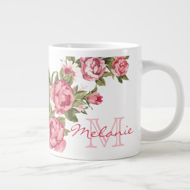 Rosenrosen, Vintag, Rosa Rose, Name der Peonies, M Jumbo-Tasse (Rechts)