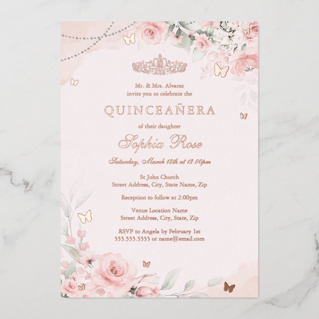 Rosenschmetterling Quinceanera 15. Folieneinladung (Vorderseite)