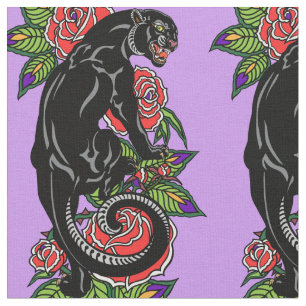 Rosenschwarzer Panther und blühende Rose Stoff