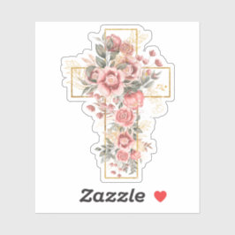 Rosenstrahlen mit goldfarbenem Kreuz Aufkleber