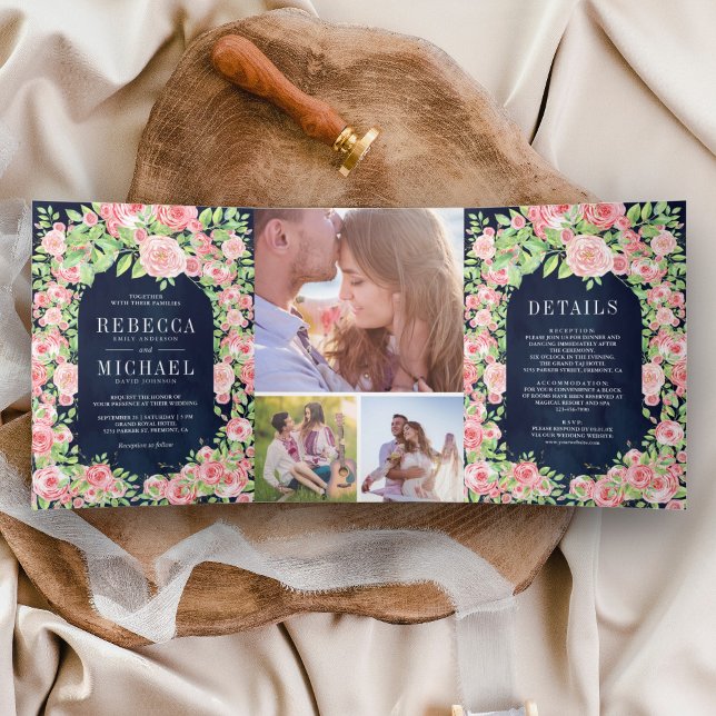 Rosenstraße Rosen Hochzeit der Marine Collage Navy Dreifach Gefaltete Einladung (Von Creator hochgeladen)