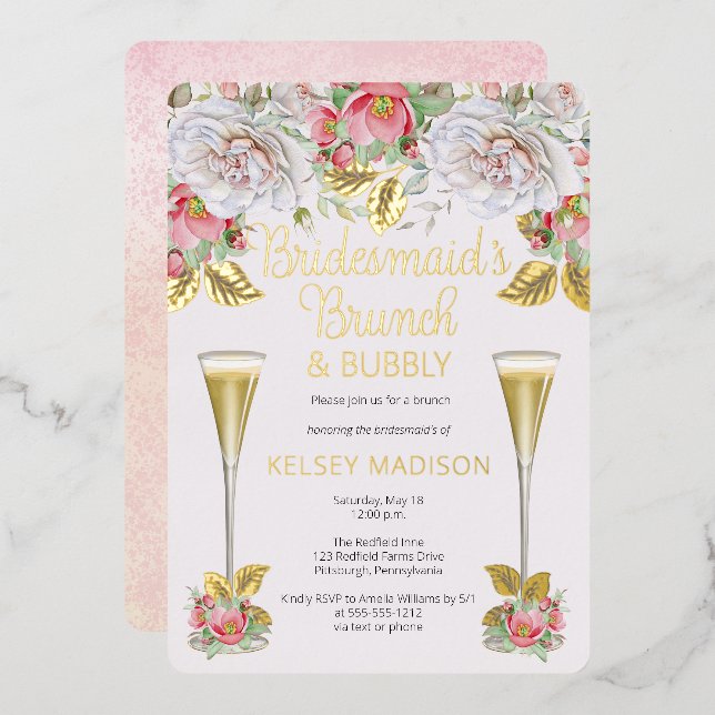 Rosensträucher und Blumensträuße Brunch und Bubbly Folieneinladung (Vorderseite/Rückseite)