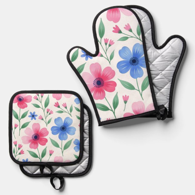 Rosenwasserblüte Ofenhandschuh & Topflappen-Set (Vorderseite/Rückseite)