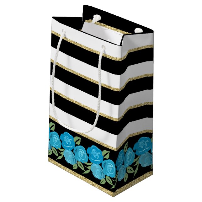 Roses Aqua sur sac cadeau noir, blanc, or (Dos Angle)