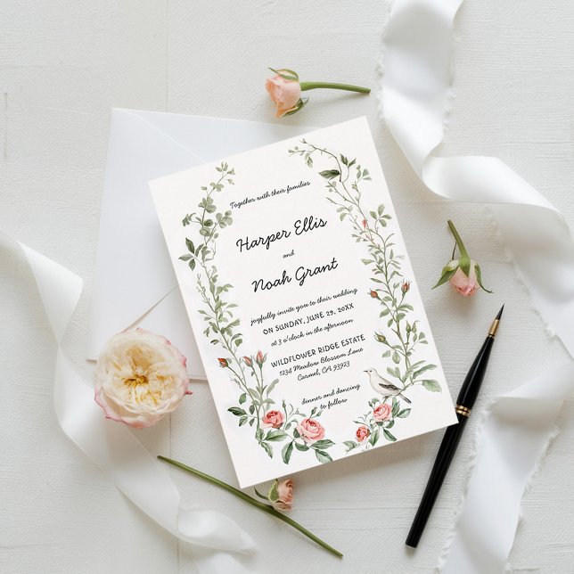 Roses Bird Watercolor Handgeschriebene Hochzeit Einladung (watercolor roses wedding invitation french countryside garden backyard outdoors barn chic modern)