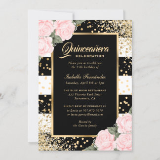 Roses Black Gold Confetti Quinceañera Einladung