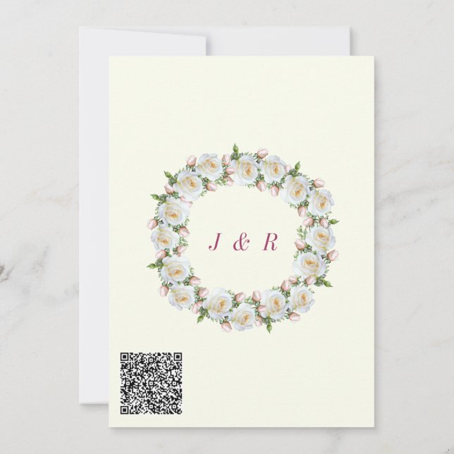 Roses blanches Faire-part de mariage avec code QR (Dos)