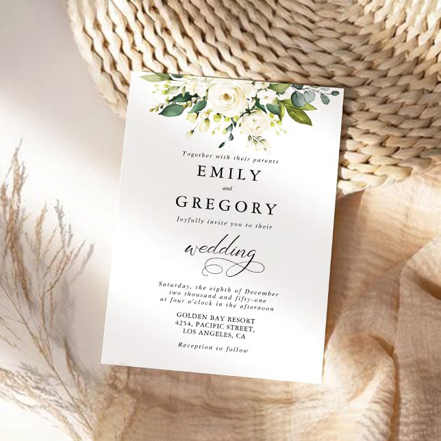 Roses blanches Faire-part de mariage florale (Créateur téléchargé)