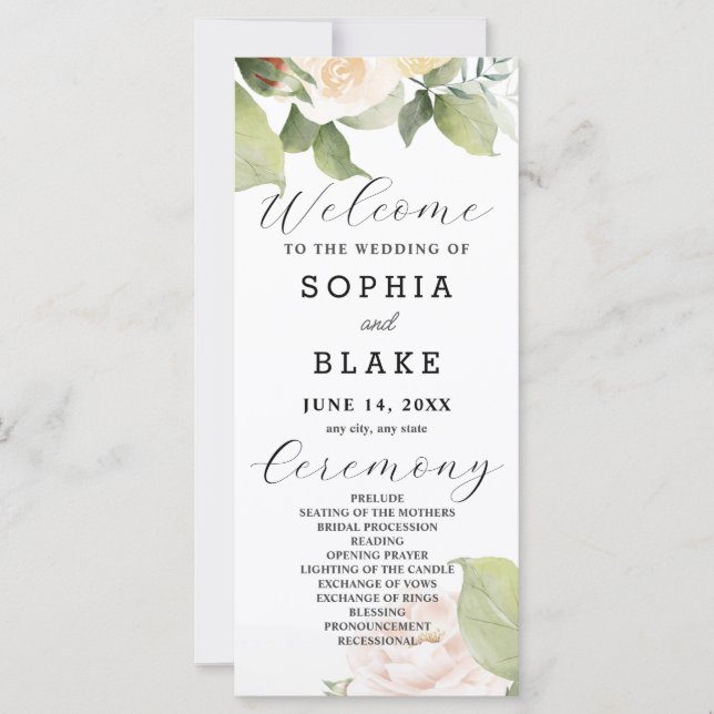 Roses blanches Feuilles verts Programme de mariage (Devant)