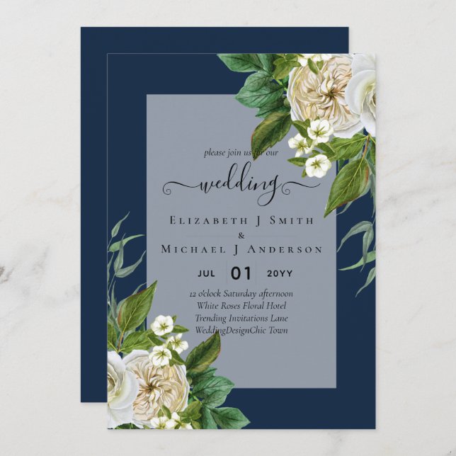 ROSES BLANCHES Invitations MARIAGE CHIC (Devant / Derrière)