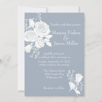 Roses blanches sur Faire-part de mariage bleu Dust