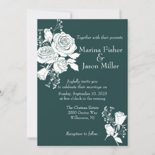 Roses blanches sur Faire-part de mariage vert de l