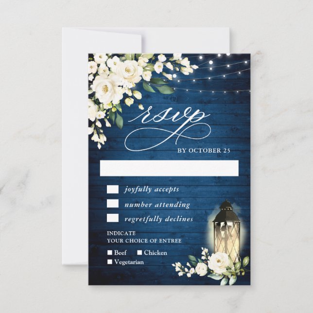 Roses Blue Wood Lantern Auswahl RSVP Karte (Vorderseite)